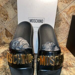 Moschino Black and Gold Slides